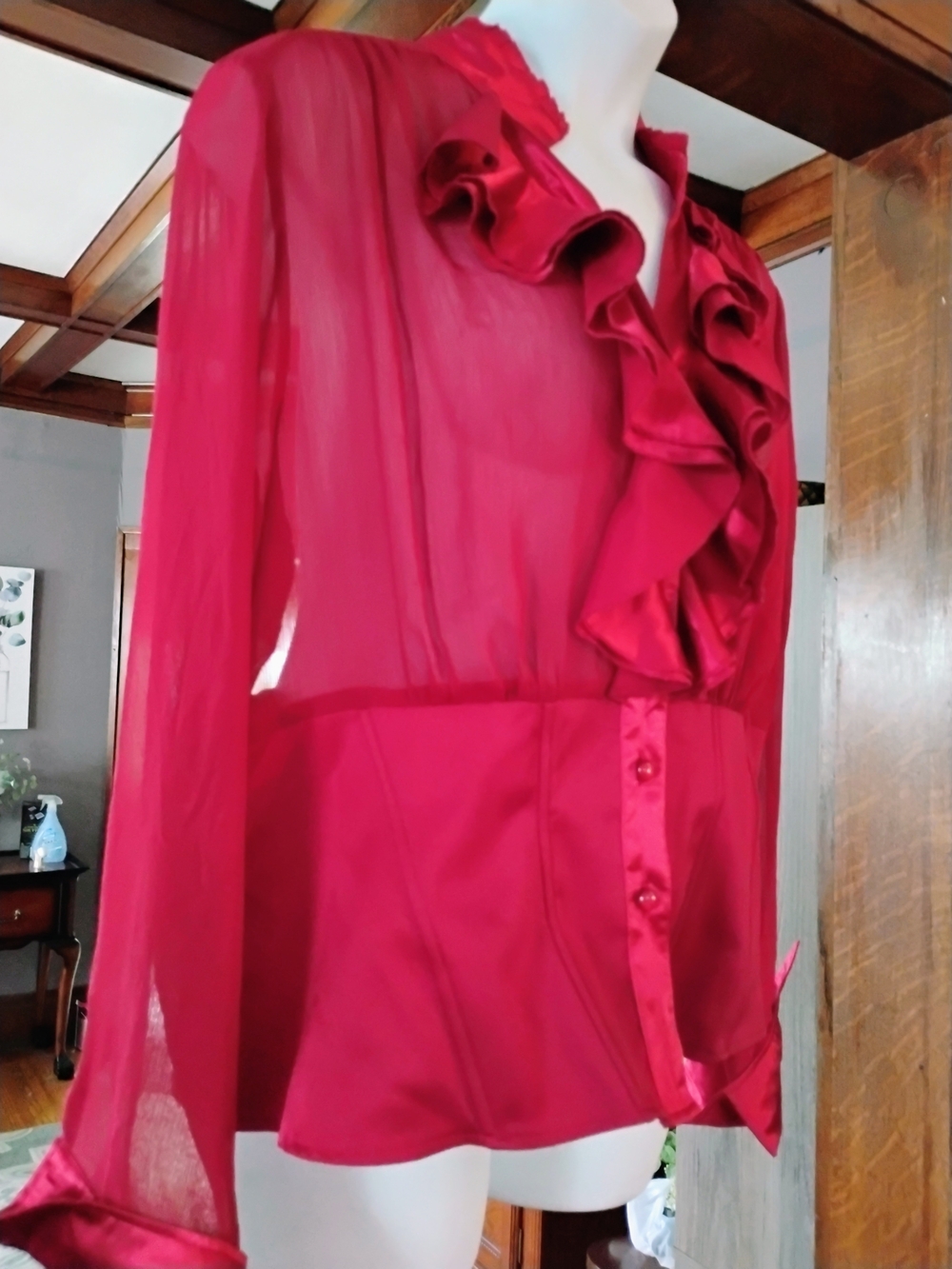 Ashley Stewart Ruffle-Front Sheer Blouse in Deep Red - Picture 14 of 14